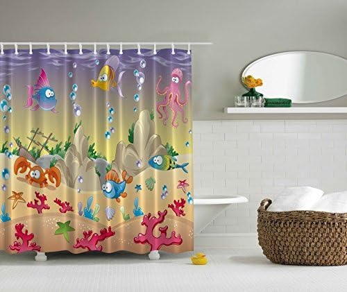 Under the Sea Kids Fish Digital Graphic Print Shower Curtain Set Non Vinyl Bath Tub Liner Waterproof Fabric Mildew Resistant Material Hooks Included Ocean Marine Theme Motif
