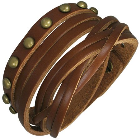 Quality Soft Brown Leather Bracelet, Double Wrap Cuff, Brass Studs, Adjustable