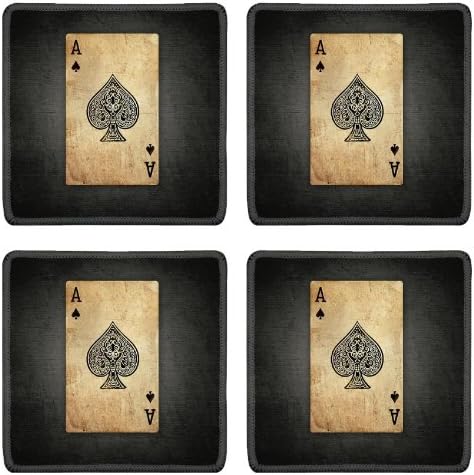 Map Ace Black Poker Card Square Coaster (4 Piece) Set Fabric Rubber 5 Inch Size Luxlady Coaster Cup Mug Can Water Bottle Drink Coasters Stain Resistance Collector Kit Kitchen Table Top Desk