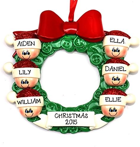 BUTTON WREATH FAMILY OF 3 PERSONALIZED CHRISTMAS THEE ORNAMENT (Family of 6)