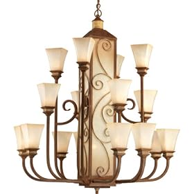 Progress Lighting P4475-122 Sixteen-Light, Three-Tier Chandelier with Vintage Parchment Glass and Iron Scroll Details, Aged Copper with Pietra accents