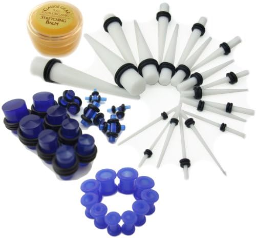 The Wicked PLUS Starter Kit Now Featuring Gauge Gear Stretching Balm ~ 48 Total Pieces ~ 20 Pc White Acrylic Ear Stretching Taper Kit 16g-00g Gauges WITH 18 Pc Blue Glow Acrylic Plugs 14g-00g Gauges and 10 Pc Blue Silicone Plugs 8g-00g