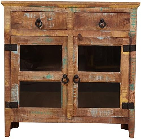 Wanderloot Rustic Distressed Mango Wood 2-door, 2-drawer Glass Cabinet