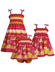 Girls  Shirred Knee Length Striped Print Floral Print Sleeveless Cotton Party Dress  With a Bow(s)