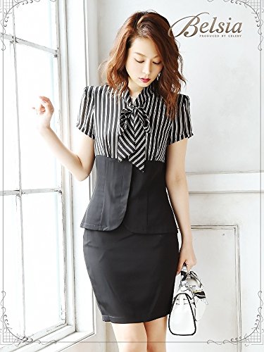 【Belsia】知的!ストライプボウタイセットアップキャバスーツ サマースーツ/キャバクラスーツ【ベルシア】(S/M/L)(ブラック)*410131