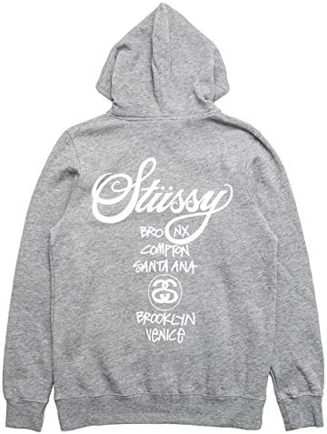 Stussy Mens World Tour Hoody Pullover Sweatshirt Large Grey Heather