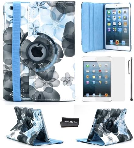 TheHonestBill Apple iPad Mini With Retina Display (iPad Mini 2) Case Cover Skin - 360 Degree Rotating PU Leather Case + Screen Protector Film + Stylus Pen + Cleaning Cloth [in Retail Packaging] (Blue Black Flower)