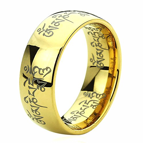 8MM Titanium Comfort Fit Wedding Band Ring Tibetan Mantra Om Mani Padme Hum Yellow Tone Ring (5 to 13)