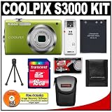 Nikon Coolpix S3000 12.0 Megapixel Digital Camera with 4x Optical Zoom (Green) with + 16GB Card + EN-EL10 Battery + Case + Accessory Kit