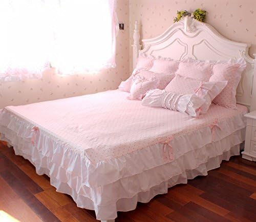 YOYOMALL Beautiful Blue and Pink Polka Dot Bedding Sets,Rustic Ruffle Bedding Sets for Teen Girls Twin Queen King Size. (King, Pink)