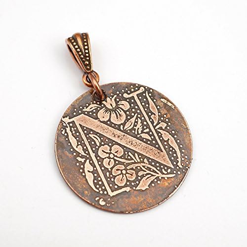 Etched copper letter N pendant, round flat initial monogram floral etching, optional necklace, 28mm