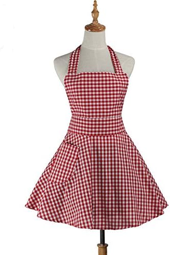 Dalakin Home kitchen coffee work Pocket Adjust Waist Strap Apron Red Small gridred