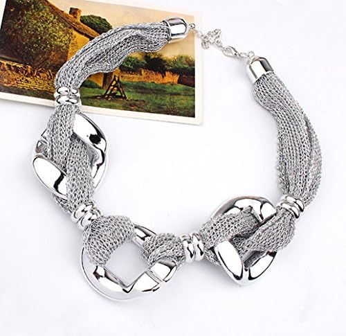 Women's Fashion Boho Geometric Modeling Accessories Mesh CCB Net Ring Buckle Necklace (Silver)