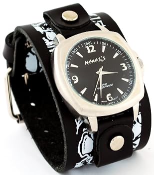 Nemesis #WMS501K Men's Premium Wide Leather Tattoo Imprinted Cuff Band Watch