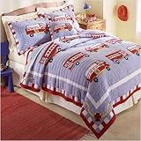 Cotton Fire Truck Full / Queen Quilt with Two Shams