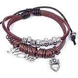 Sun Lorence Vintage Style LOVE Heart Pendant Red Leather Bracelet with Alloy Ring