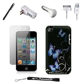 Blue and Purple Butterfly Design on Black Cover / 2 Piece Snap On Crystal Case for New Apple iPod Touch 4 ( 4th Generation 8GB 16GB 32GB ) + Includes a USB Travel Car Charger, a USB Home Charger and a USB Data Sync Cable + Includes Anti Glare Screen Protector Guard and a Graphic Designer Stylus Pen to Navigate Device