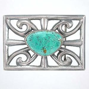 Southwestern Native American Navajo Tufa Cast Sterling Silver and Turquoise Belt Buckle, #7837
