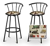 2 Tan Train Fabric Specialty / Custom Black Barstools with Backrest Set
