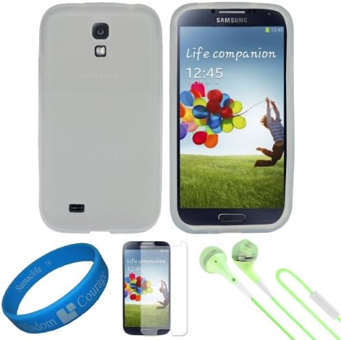 (White) Premium Silicone Skin Cover for Samsung Galaxy S4 / S IV Android Smart Phones + Clear Anti Glare Screen Protector Strip w/ Cleaning Cloth + Green VG Stereo Headphones with Windscreen Mic & Silicone Ear Tips + SumacLife TM Wisdom Courage Wristband