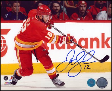JAROME IGINLA Calgary Flames SIGNED 8x10 Retro Jersey Shooting Photo