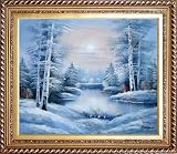 River through Snow-Covered Land Oil Painting, with Exquisite Dark Gold Wood Frame 26.5 x 30.5 inches