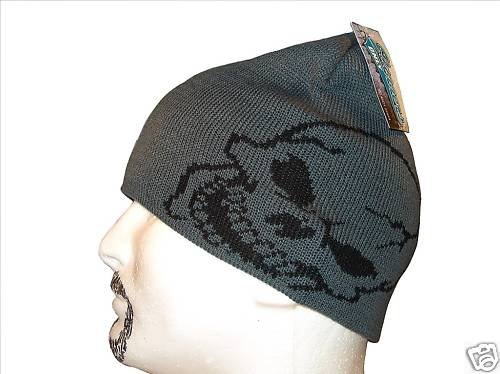 GREY & BLACK GIANT SKULL BEANIE CAP CAPS HAT HATS