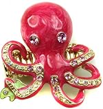 Gold Plated Hot Pink 2 Octopus Fashion Statement Ring Accented with Crystal Accents - Adjustable Stretch Band
