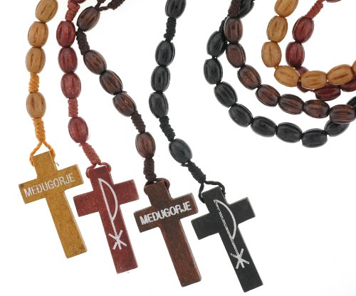 Set of 4 Wood Rosaries with MEDUGORJE and Chi Ro Cross - 10x6mm Oval Bead - Black, Red, Dark and Light Brown - 26in. Rosary Necklace - 31in. Overall Length