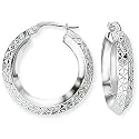 9ct White Gold Hoop Earrings with Diamond-Cut and Polished Finish