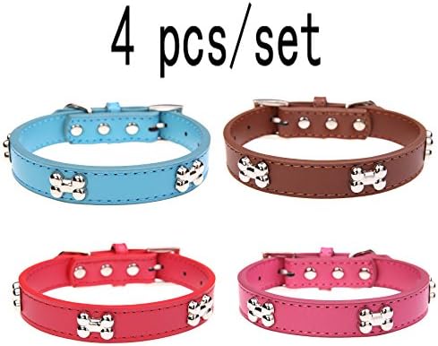 4 pcs/set Leather Dog Collar with Bone Charm for Large Dogs Brown XL 18-22 inches 60 cm