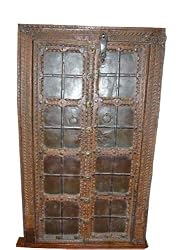 Antique Jharokha Hand Carved Iron Claded Teak Wood Double Door Window