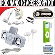 10 pc. Accessory kit for iPod Nano 1g. Includes White portable stereo speaker w/cable 3-in-1 iPod charging kit (1000mAH) Car FM Transmitter w/power cable White Mini soft Earbuds Reusable Pre-Cut Screen Protector and a DBROTH Microfiber Cleaning Cloth