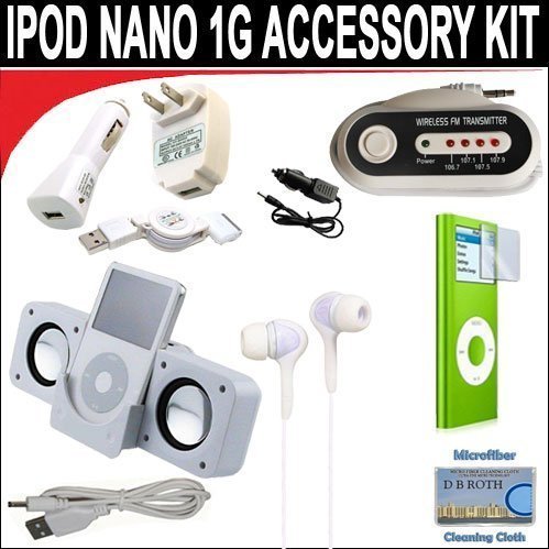 10 pc. Accessory kit for iPod Nano 1g. Includes White portable stereo speaker w/cable 3-in-1 iPod charging kit (1000mAH) Car FM Transmitter w/power cable White Mini soft Earbuds Reusable Pre-Cut Screen Protector and a DBROTH Microfiber Cleaning Cloth