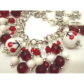 Chic Wrists Bold Red Crystal and Cherries Bracelet Pin Up Bracelet with FREE Earrings
