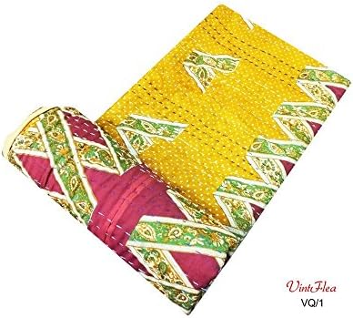 Yellow Quilt Kantha Stitch Gudri Reversible Bed Spread 82" X 60" Indian Handmade Quilting Fabric Sewing Decor Paisley Printed Throw Twin Size Razai 1 Pc Decorative Fabric