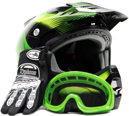 Adult Offroad Helmet Goggles Gloves GEAR COMBO Motocross ATV Dirt Bike MX Black Green ( S Small ) On Sale