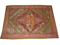 Gift for Mom Beaded Tapestries Olive Pink India Sari Wall Hanging 60" X 40"