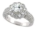 Sterling Silver Vintage Style Flower Engagement Ring w/ Rhodium Plating, w/ 6mm Brilliant Cut CZ Stone, 7/16" (11mm) wide