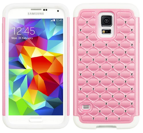 myLife White and Light Pink - Diamond Shell Series (2 Layer Neo Hybrid) Slim Armor Case for the NEW Galaxy S5 (5G) Smartphone by Samsung (External Rubberized Hard Shell Flex Piece + Internal Soft Silicone Flexible Bumper Gel)