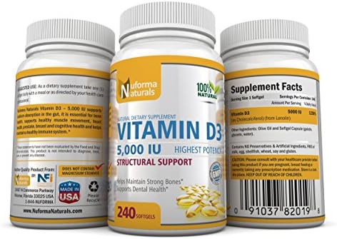 Vitamin D3 5000 IU 240 Mini Softgels Receive a free 30 count bottle now (GMO-, no preservatives, Soy, USP Grade Natural Vitamin D 3 in Organic Olive Oil)