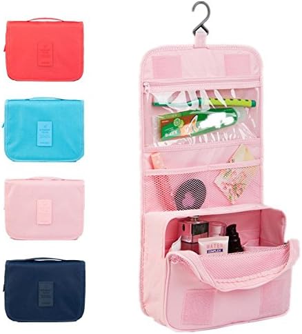 OriDecor Foldable Hanging Waterproof Durable Toiletry Bag Travel Cosmetic Bag with 9 Sorting Pockets & Removable Base Pat & Widened Handle & Velcro (Pink)