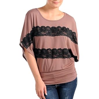 Brown Casual Lightweight Top With Wide Black Lace Trim