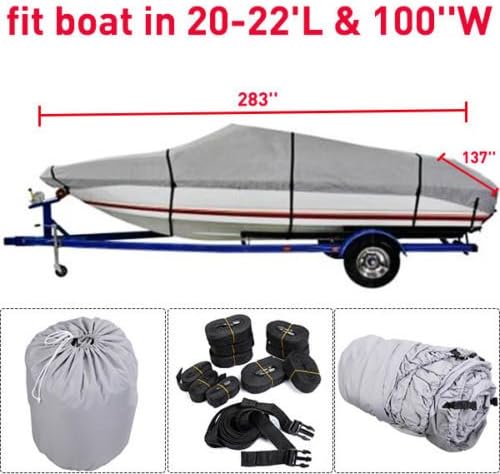 New 20-22 Ft Waterproof Heavy Duty Fabric Trailerable V shape Boat Cover Gray