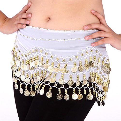Veroda 3 Rows Chiffon Belly Dancing Hip Scarf Skirt Fringe Coin Belt Wrap Color White