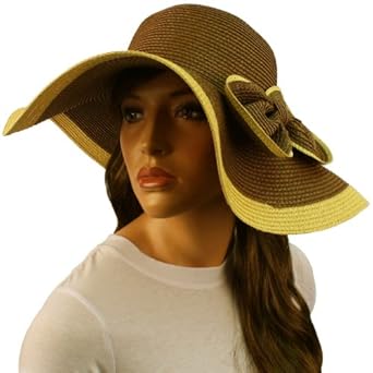 50+ Upf Ribbon Bow Beach Summer Braid Wide Brim Floppy Sun Hat Cap Brown 57cm