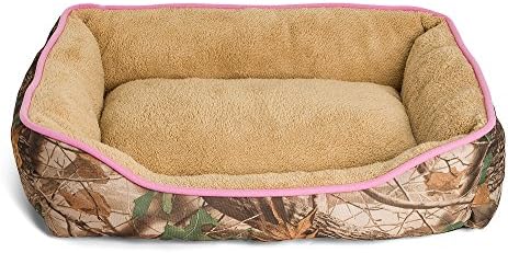 Camouflage Dog Bed - Extra Fluffy, Ecofriendly Polypropylene Fiber - Non-Slip Bottom - Machine Washable - Rectangle Pet Bed - Brown or Pink Piping - Fits All Dog and Cat Breeds