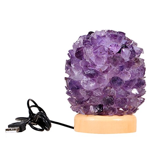 H&D 2015 LED Unique Natural Crystal Salt Lamp Desk Lamp Small Night Lamp for Table Light USB Crafts with Wooden Base (Purple)