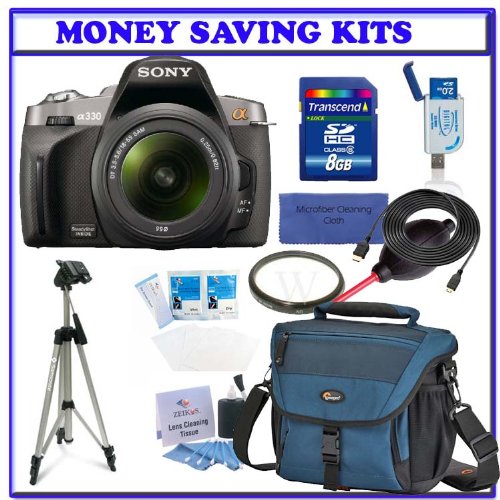 Sony Alpha A330 Digital SLR with 1855mm Lens DSLRA330L Transcend 8GB SDHC Secure Digital Memory Card Heavy Duty Pro Series Tripod Lowepro Nova AW Camera Bag Ultramarine Blue Willoughbys 55mm UV Protective Starter Kit