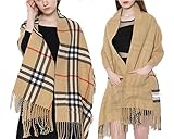Emoyi マフラー 大判 ストール ロングマフラー　チェック マフラー フリンジ メンズ レディース 男女 兼用 (ˈkakē カーキ（卡其色）)